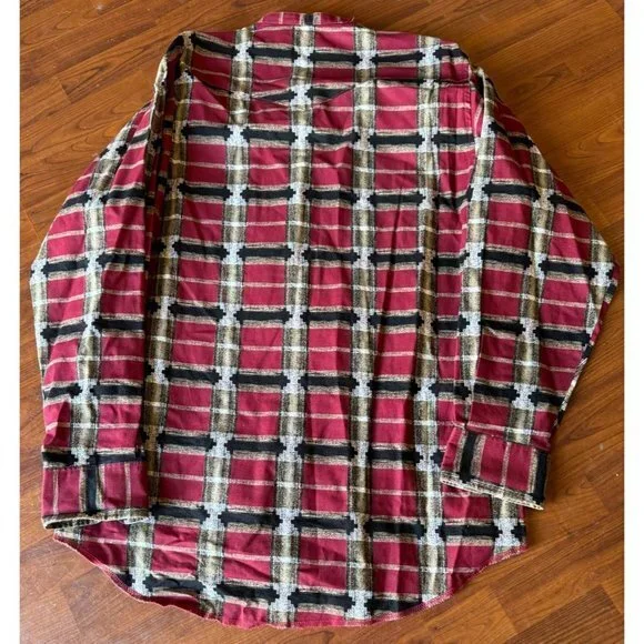 Wrangler Western Band Collar Plaid Shirt Mens Large Red Black Southwestern L‎ - Picture 6 of 6